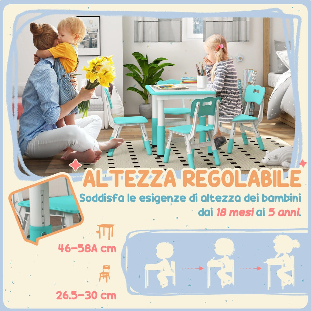Set Tavolo e Sedie per Bambini 5pz ¨C zephmum ¨C Verde, 60x60x46-58 cm