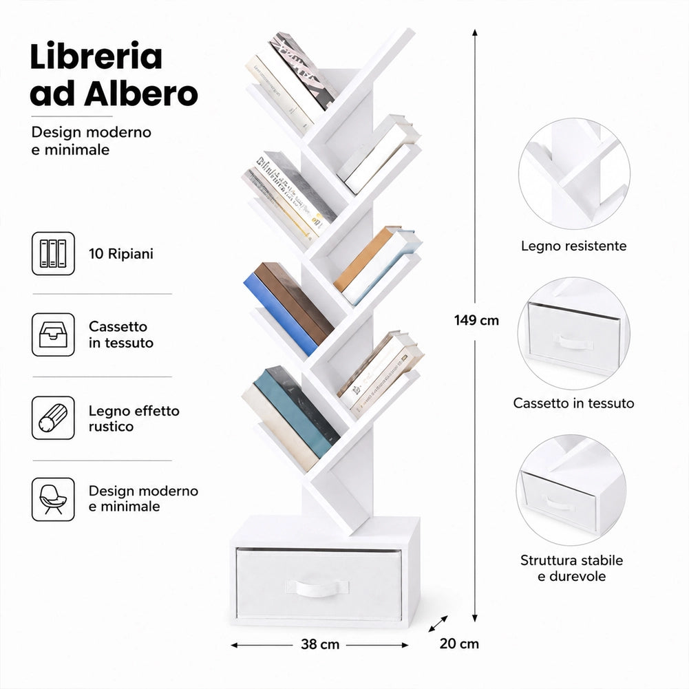 Libreria Design Moderno Bianco Scaffale 10 Ripiani con Cassetto Tessuto