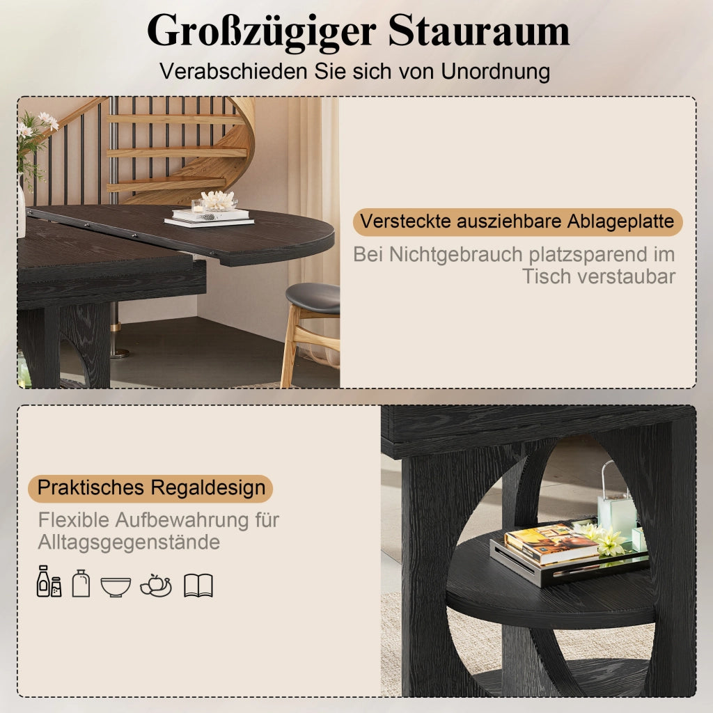 Tavolo allungabile con ripiano centrale, forma rotonda e ovale, moderno, per sala da pranzo e cucina, in MDF nero