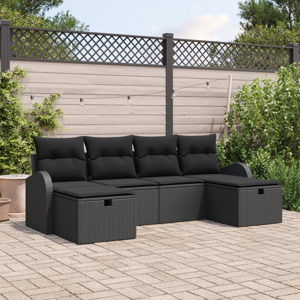 Set di divani da giardino da 6 pezzi con cuscini Nero Polyrattan