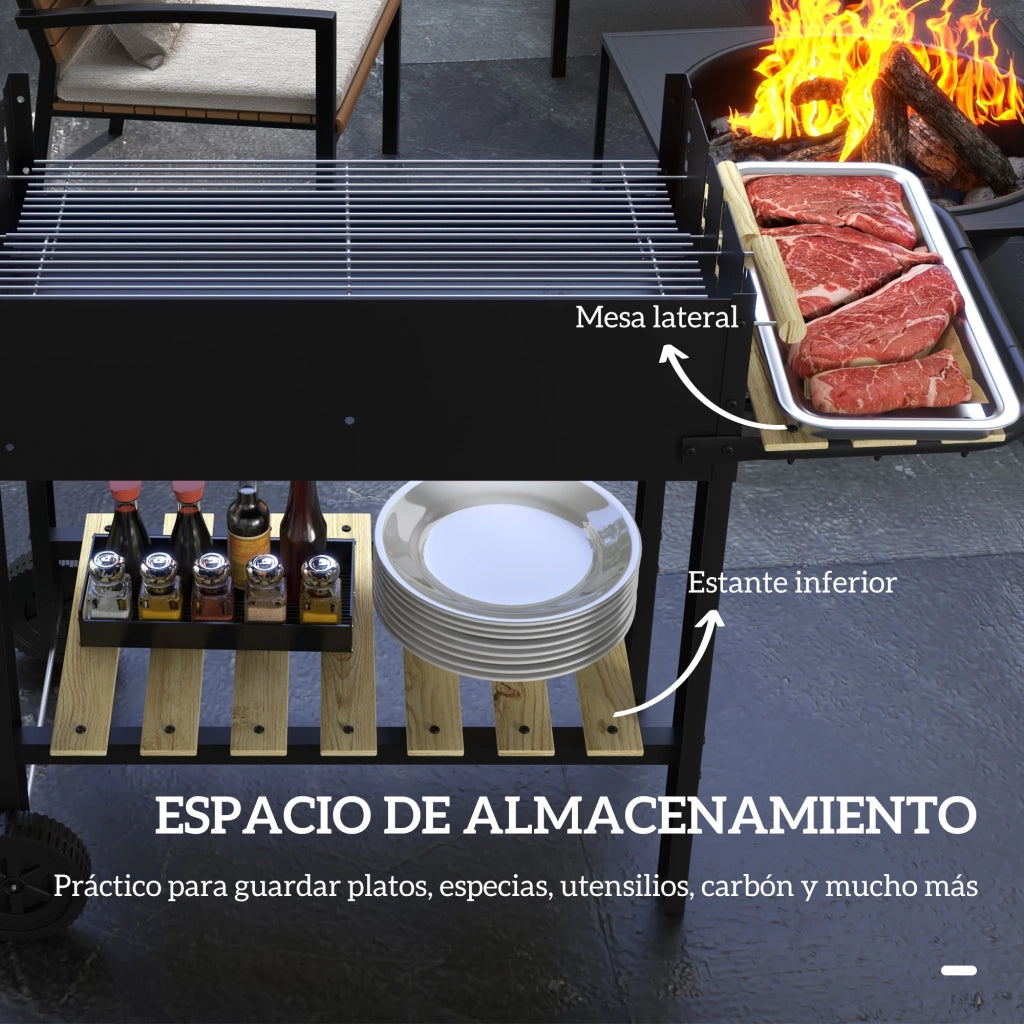Barbecue a Carbone con 2 Griglie Regolabili e Tavolino Laterale ¨C zephmum ¨C 113x53.5x82.5 cm Nero per Giardino