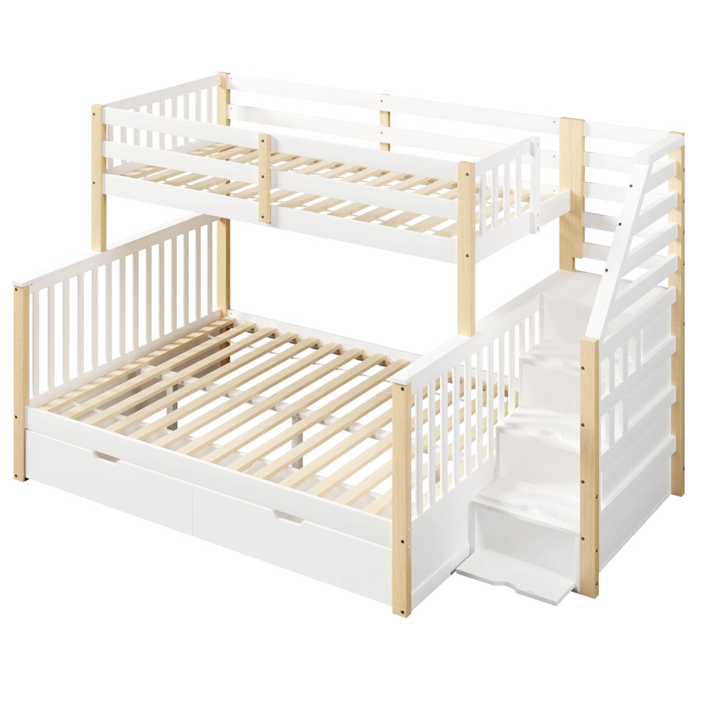 Letto a Castello 90x200 cm e 140x200 cm; con cassetti; scala laterale e sponda; Bianco e Naturale