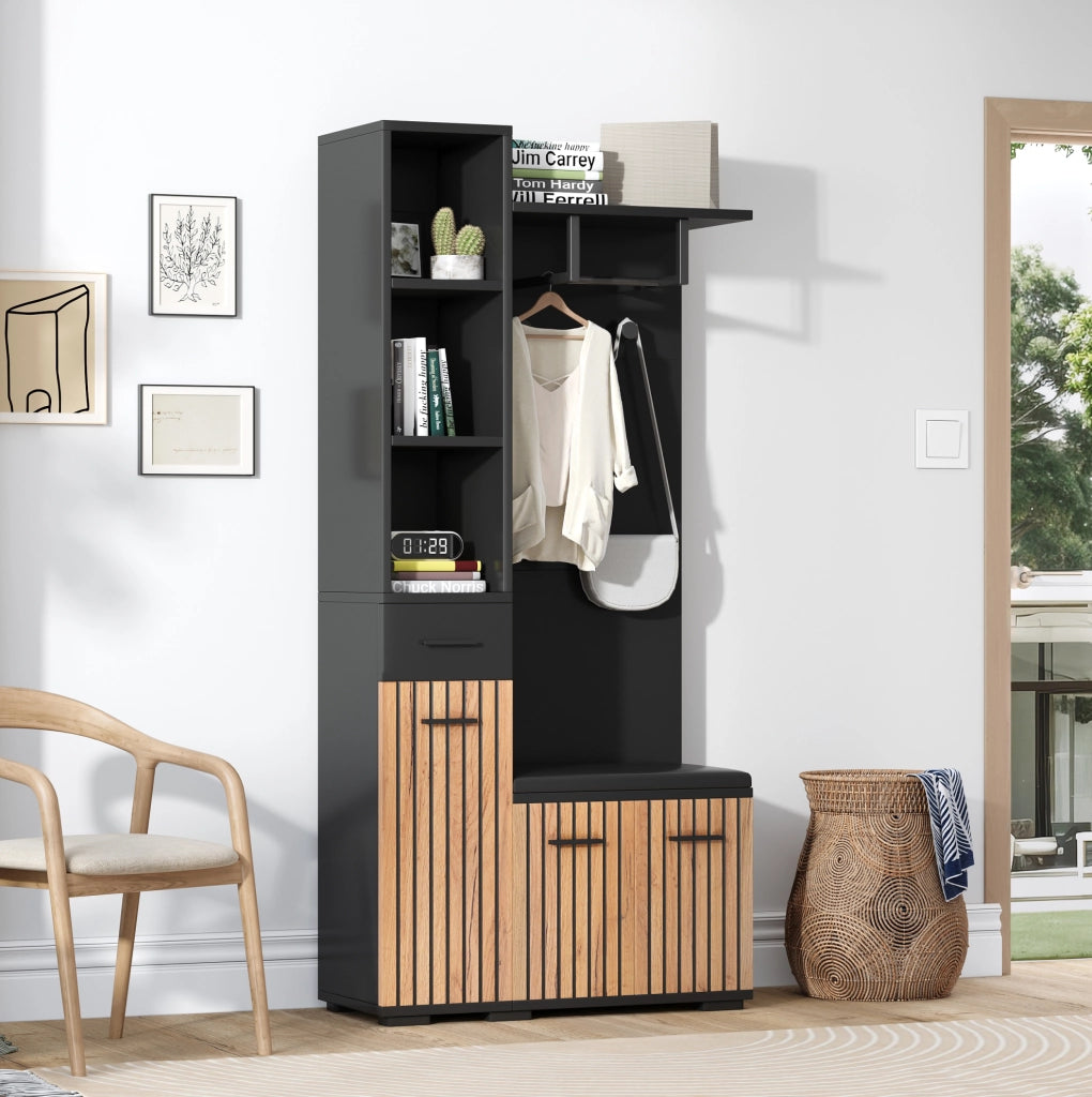 Mobile ingresso multifunzione 80 x 35 x 175 cm con 2 armadi; 1 cassetto; nero e legno naturale