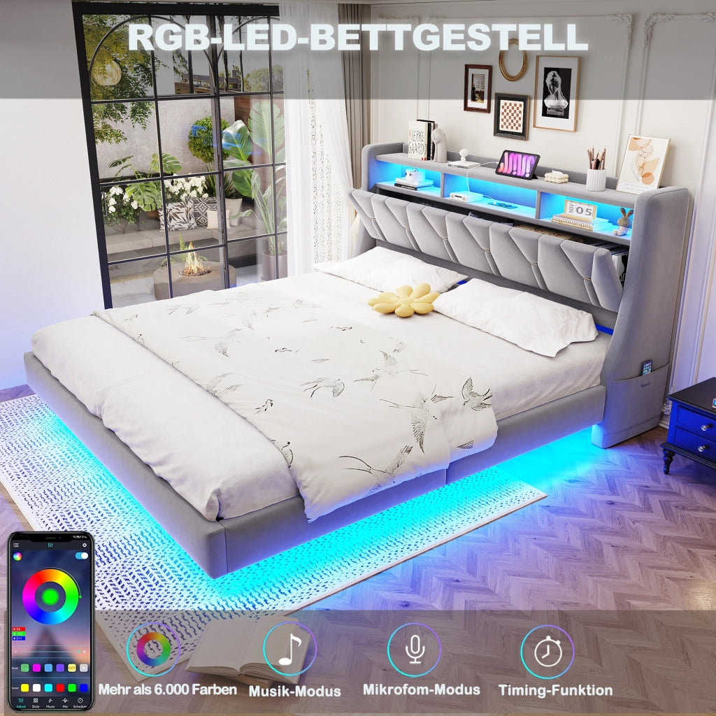 Letto Matrimoniale 180x200 cm; Contenitore; USB e Type-C; LED; in Velluto Grigio Chiaro
