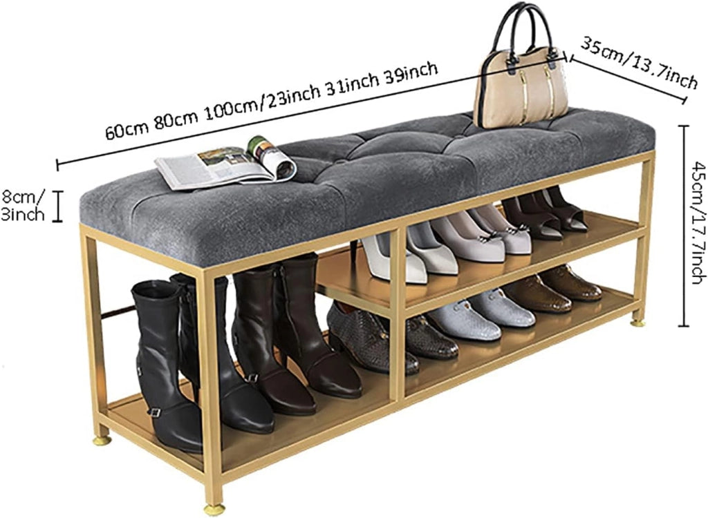 scarpiera Organizzatore di scarpe Panca da ingresso con base in metallo, sedile imbottito e portascarpe a 2 livelli - Scarpiera moderna con spazio per scarponi per soggiorno/camera da letto - 60x