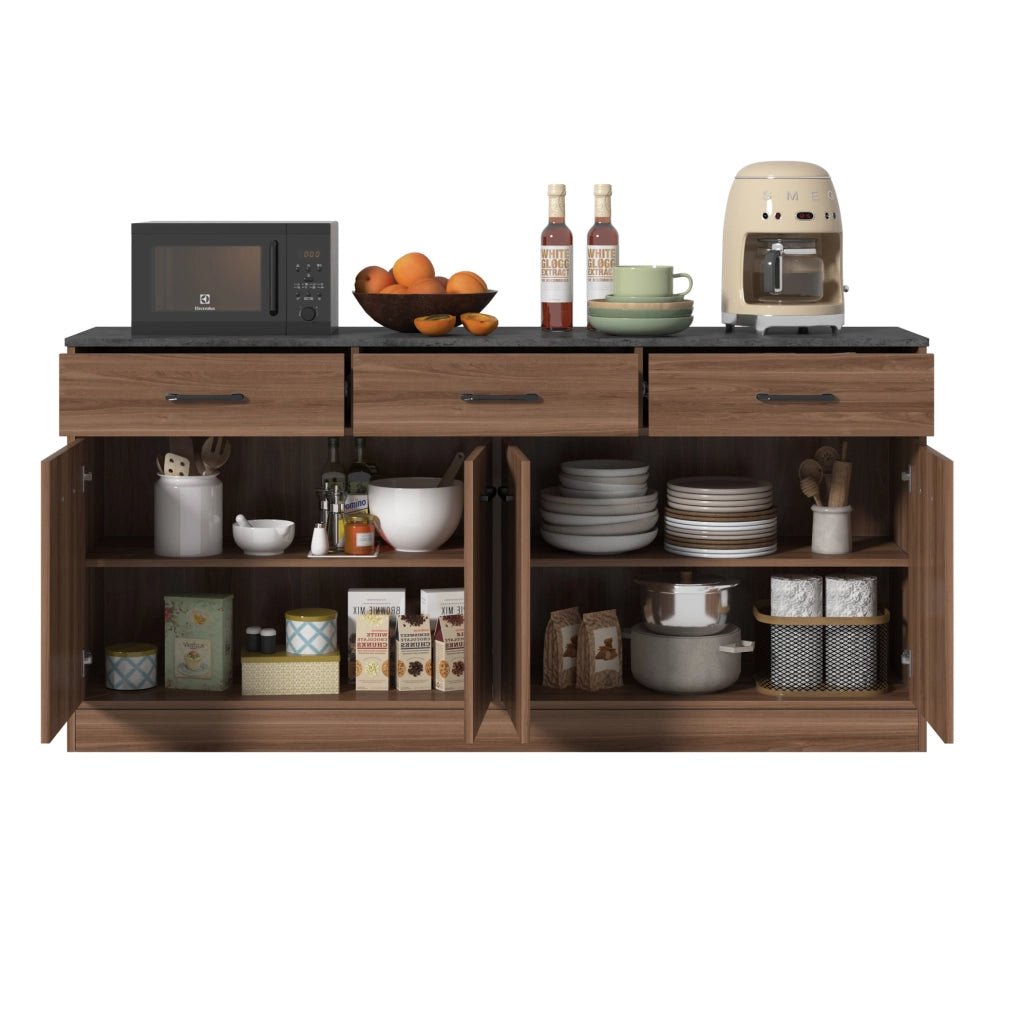 Credenza da cucina con 3 cassetti e ripiani regolabili; MDF colore noce