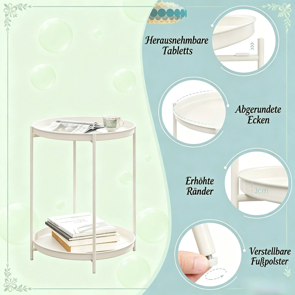 Tavolino basso rotondo con 2 ripiani rimovibili in metallo per soggiorno e camera da letto bianco crema 44 × 44 × 53 cm