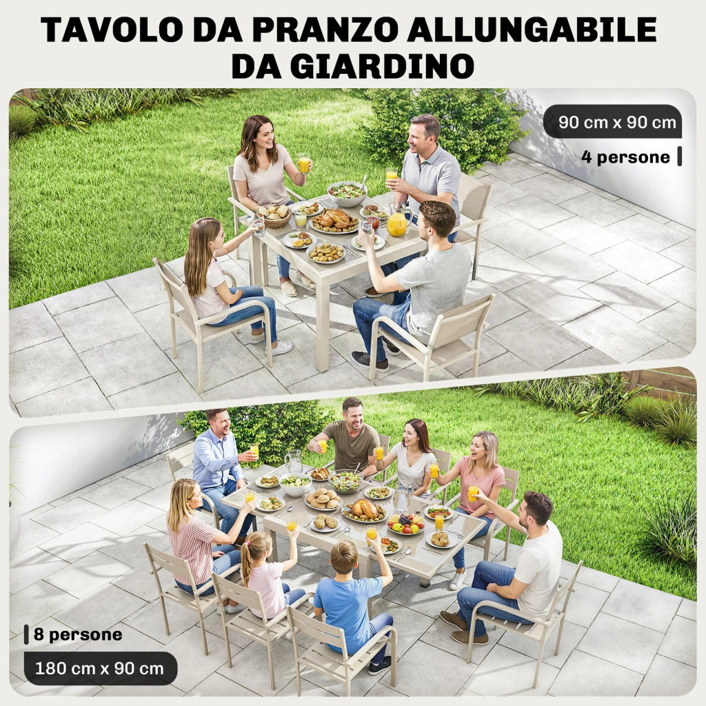 Tavolo Estensibile da Giardino 180x90x75 cm Piano in Vetro Temperato in Alluminio Bianco Crema