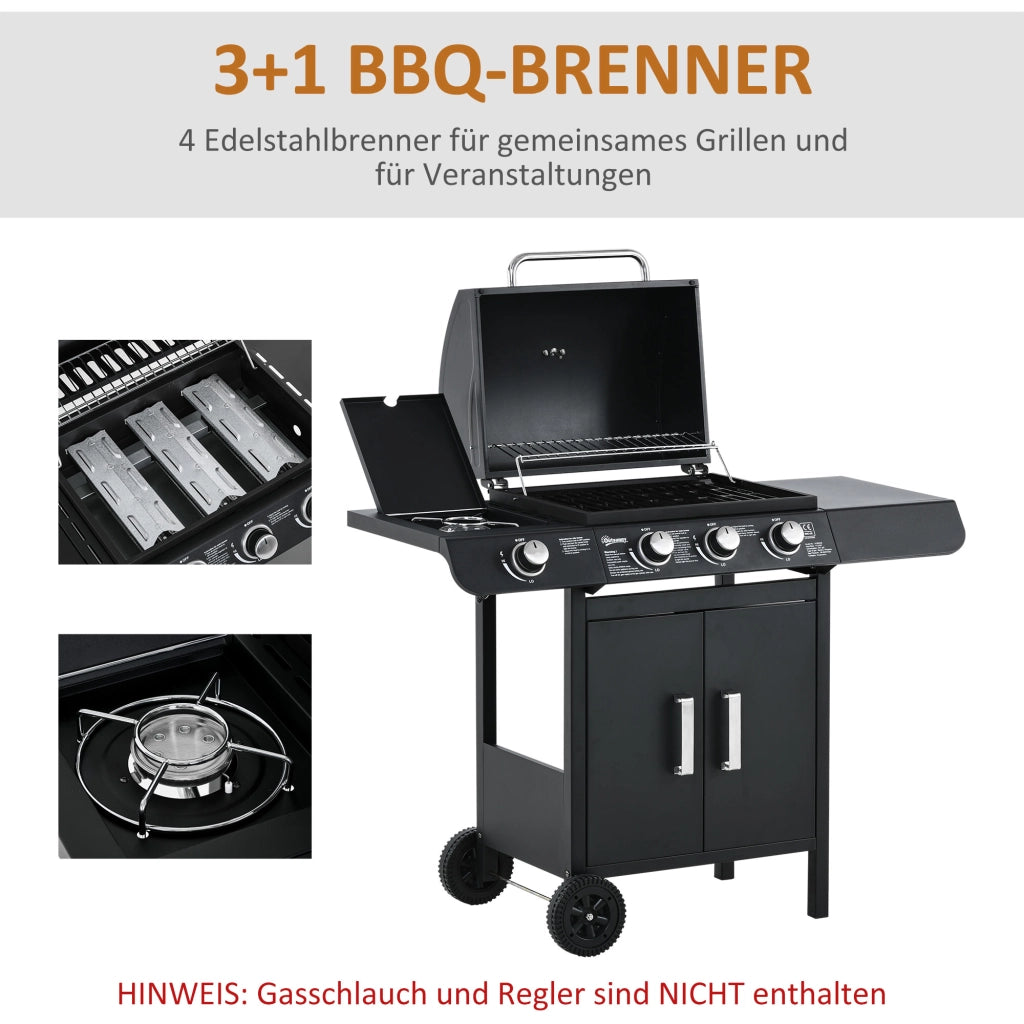 Barbecue a Gas 3 Bruciatori Principali + 1 Laterale ¨C Xylo ¨C Acciaio Inox Nero 110x50x100