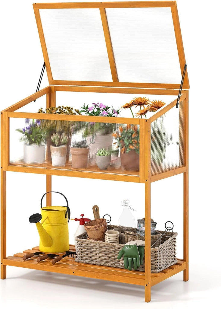 Mini Serra in Legno con Tetto Trasparente Apribile e Mensola a Doghe, Mini Serra Salvaspazio da Interno ed Esterno per Giardino, Veranda e Balcone, 90 x 50,5 x 105 cm