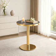 Tavolino basso rotondo con piano effetto marmo e bordo oro, base stabile, in MDF, grigio 73.5 × 71.0 × 24.0 cm