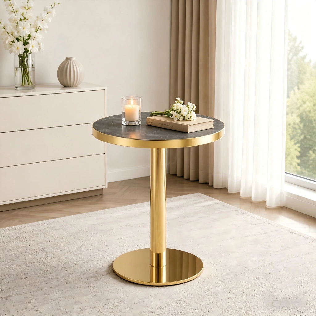 Tavolino basso rotondo con piano effetto marmo e bordo oro, base stabile, in MDF, grigio 73.5 × 71.0 × 24.0 cm