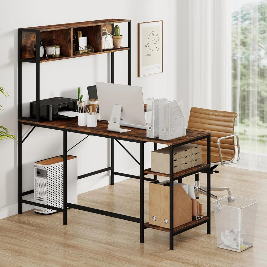 Scrivania a Forma di L con Libreria, Ripiani e Gancio per Cuffie, Scrivania Angolare in Legno con Robusto Telaio in Metallo, Scrittoio per Computer per Soggiorno, Studio e Ufficio (Marrone)