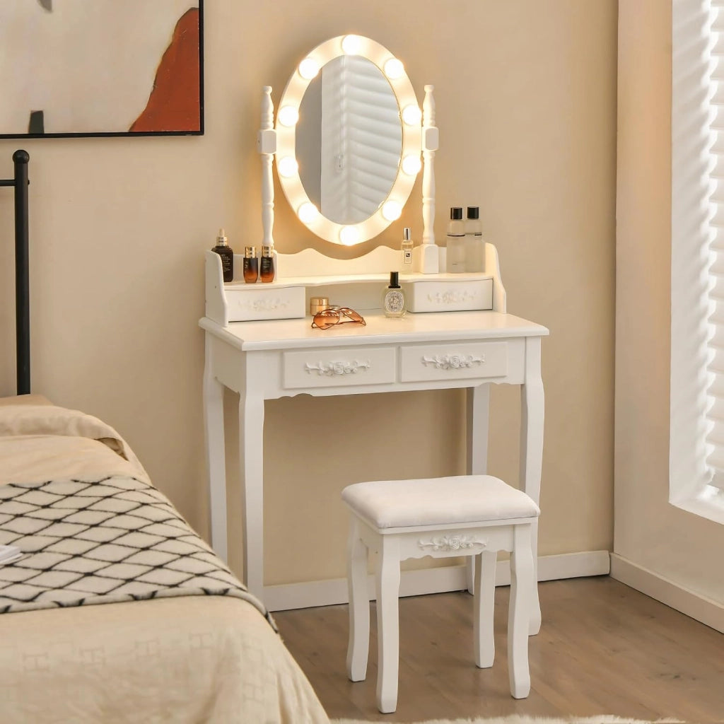 Tavolo da toeletta con specchio, 1 sgabello, specchio girevole a 360° con 10 LED, 3 colori di luce, tavolo da trucco con 4 cassetti, parte superiore mobile, tavolino in legno, bianco