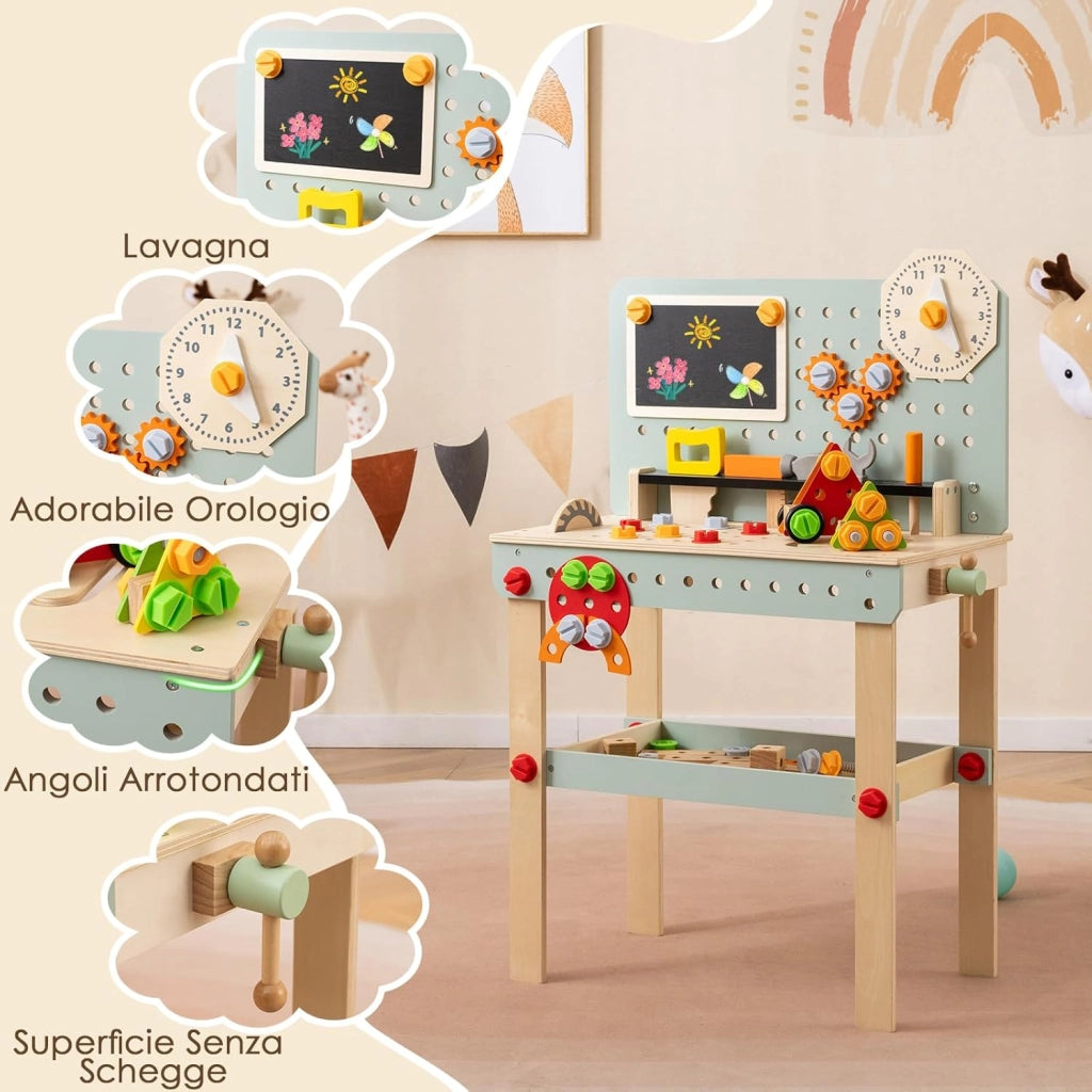 Set di Attrezzi per Bambini, Banco da Lavoro in Legno con Set di Attrezzi e Orologio Incantevole, Tavolo Realistico per Bambini e Bambine dai 3 Anni in Su