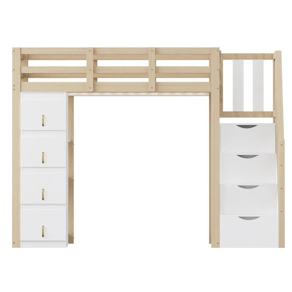 Letto a soppalco singolo 90×200 cm con 4 cassetti; ripiani e scala; senza materasso; legno naturale