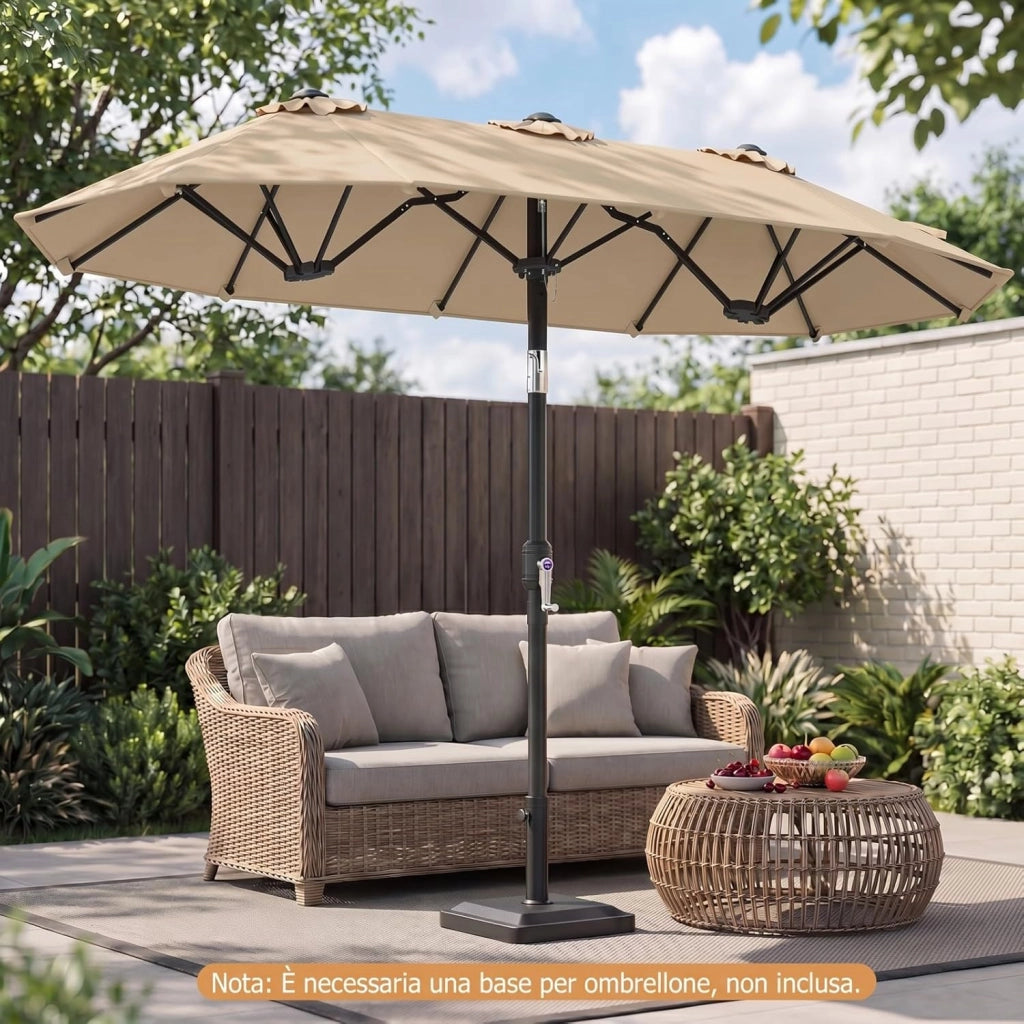 Ombrellone da Giardino Doppio 285 cm, in Tessuto con 12 Stecche Resistenti e Maniglia a Manovella Scorrevole, Anti-UV, senza Base, per Giardino e Piscina, 285 x 147 x 220 cm