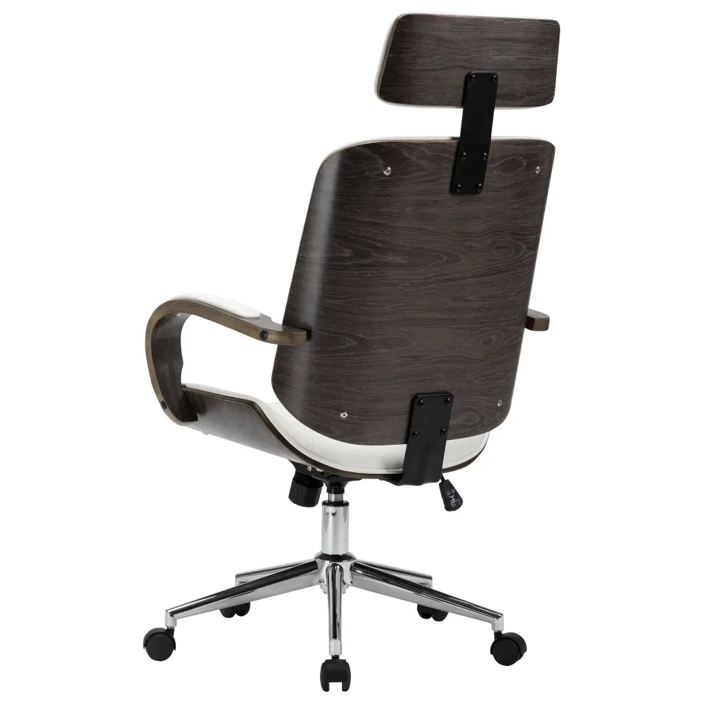 Sedia Girevole con Poggiatesta Bianca Similpelle Legno Curvato 283135