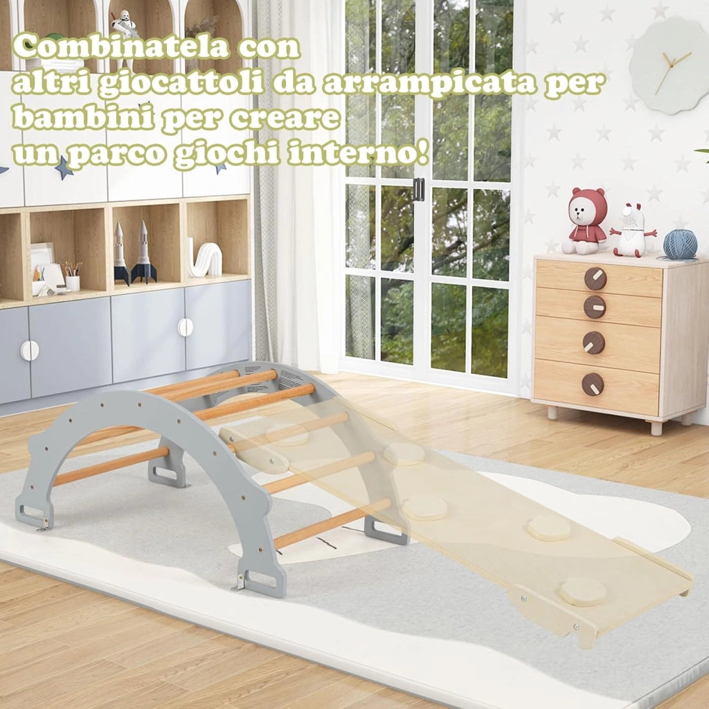 Arco da Arrampicata per Bambini, 2 in 1 Altalena ad Arco in Legno con Cuscino Morbido e Doppia Faccia, Ideale per Bambini 1+ Anni (Grigio)