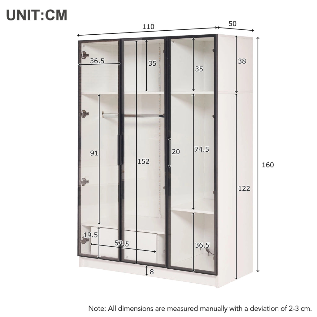 Armadio con 3 ante in vetro; 1 cassetto e LED - per camera da letto - 110x50x160 cm