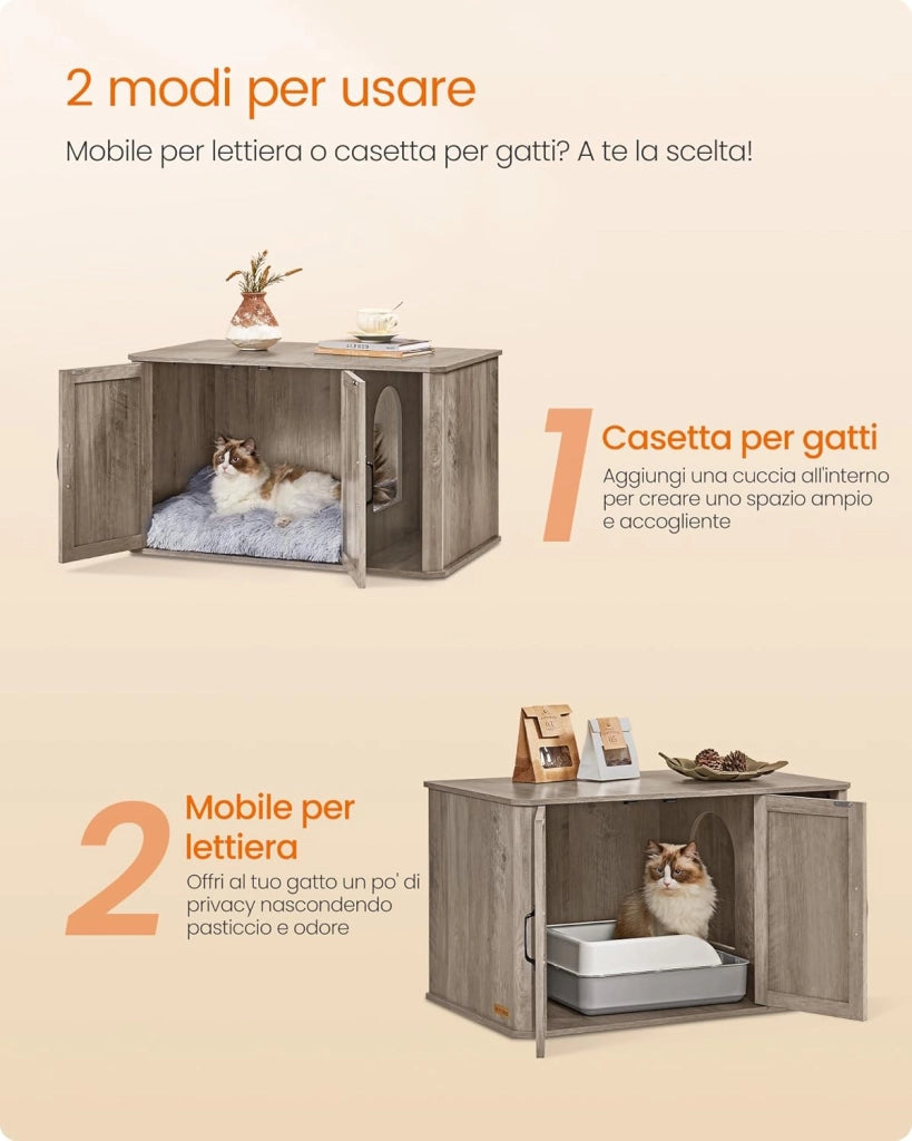 Feandrea Mobile per Lettiera, Mobile Moderno per Lettiera Nascosto, con Ingresso Frontale, Doppie Porte, Maniglie, Casetta per Gatti, Tavolino Laterale, 85 x 48,5 x 50 cm, Greige Melange PCL012G01