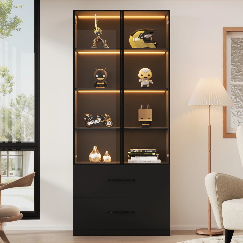 Vetrina LED in vetro 60x40x160 cm nera con 2 ante in vetro temperato, 2 cassetti e 7 colori LED
