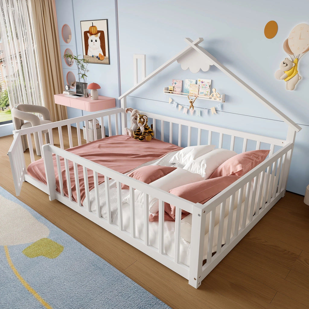 Letto Casetta Letto Matrimoniale con Sponda con Chiusura 140×190 cm; senza Materasso; in Pino e MDF; Bianco