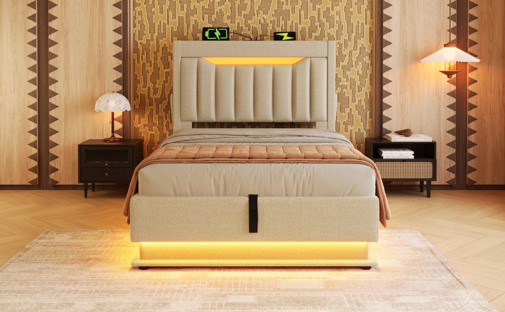 DESMIU Letto Contenitore Letto Singolo 90 × 200 cm con USB, Tipo C, LED e Vano, Materasso Incluso, Beige