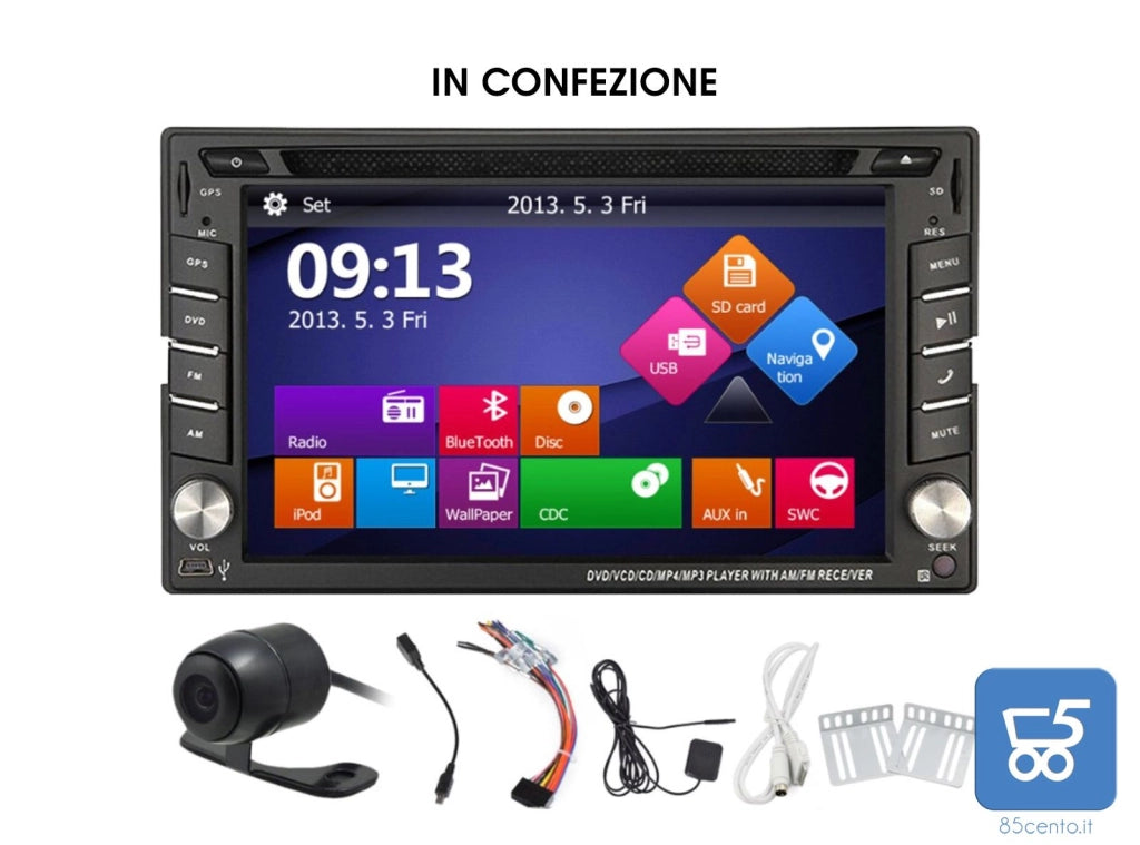 Autoradio 2din HD 16:9 Bluetooth 7" a Colori GPS Navigatore Stereo DVD CD Player
