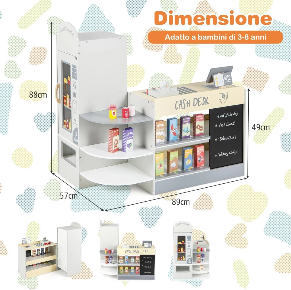 Negozio Alimentare per Bambini, Set di Giocattoli Supermercato in Legno con Cassa, Macchina POS, Distributore Automatico, Lavagna Scrivibile, per Bambini 3-8 Anni (Grigio)
