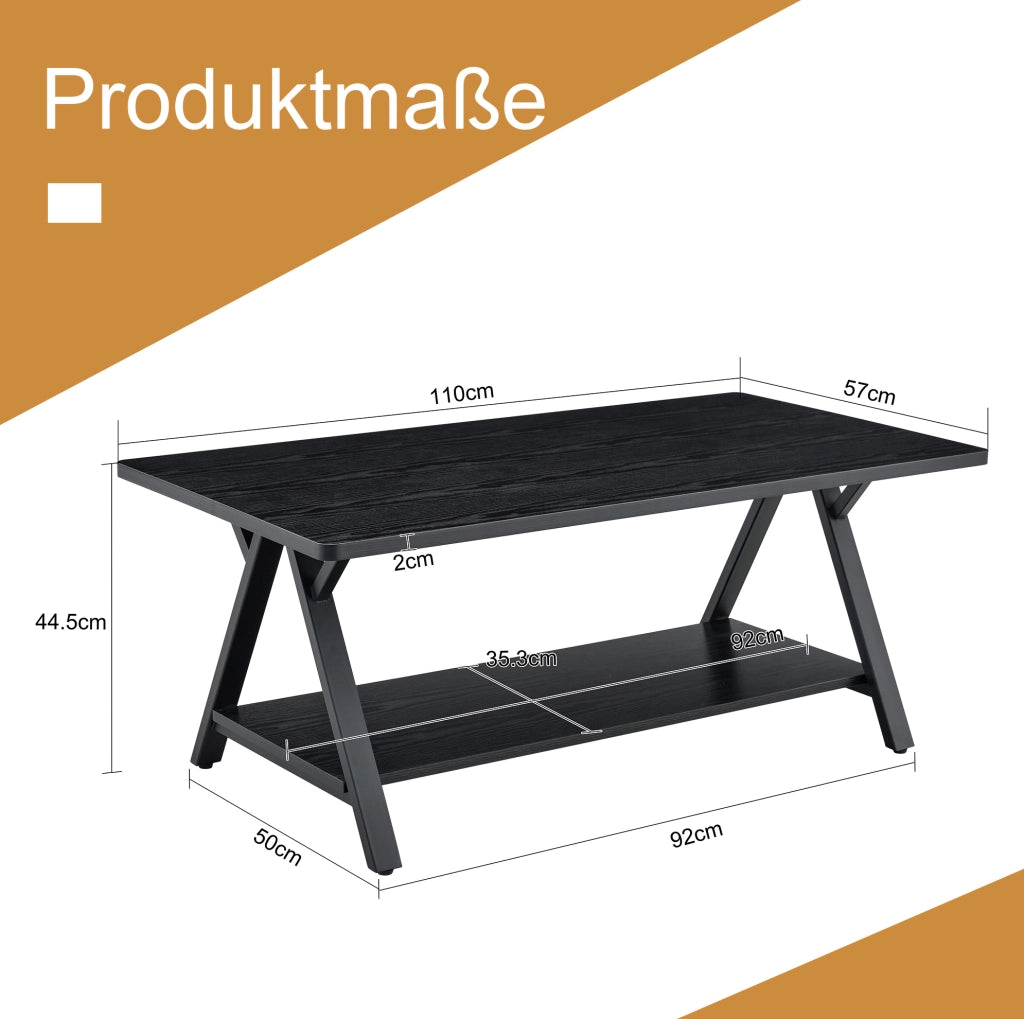 Tavolino da caffè 110x57x44.5 cm con doppio spazio contenitivo in MDF e metallo nero
