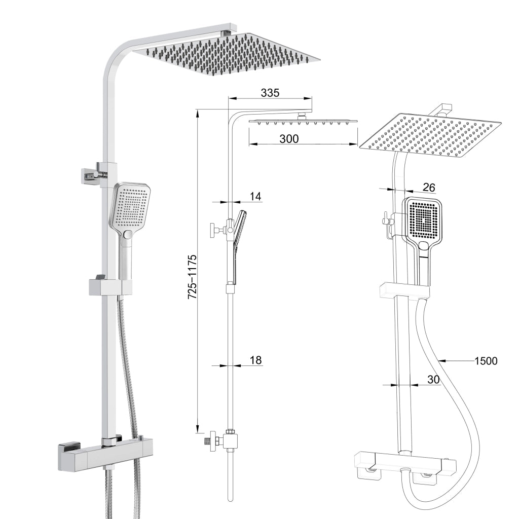 Colonna doccia quadrata completo di miscelatore termostatico rettangolo, soffione quadrato 30x30cm, cromo
