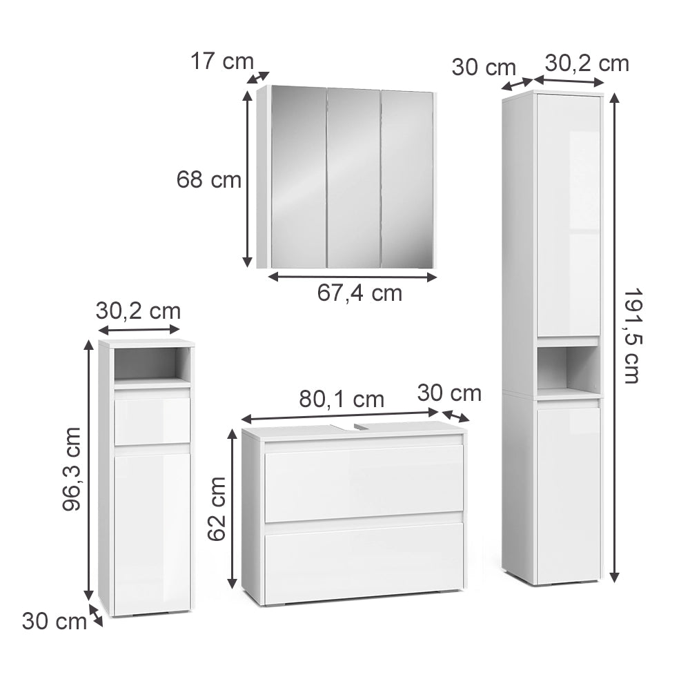 Vicco Set di mobili da bagno Bianco/bianco lucido 4 parti