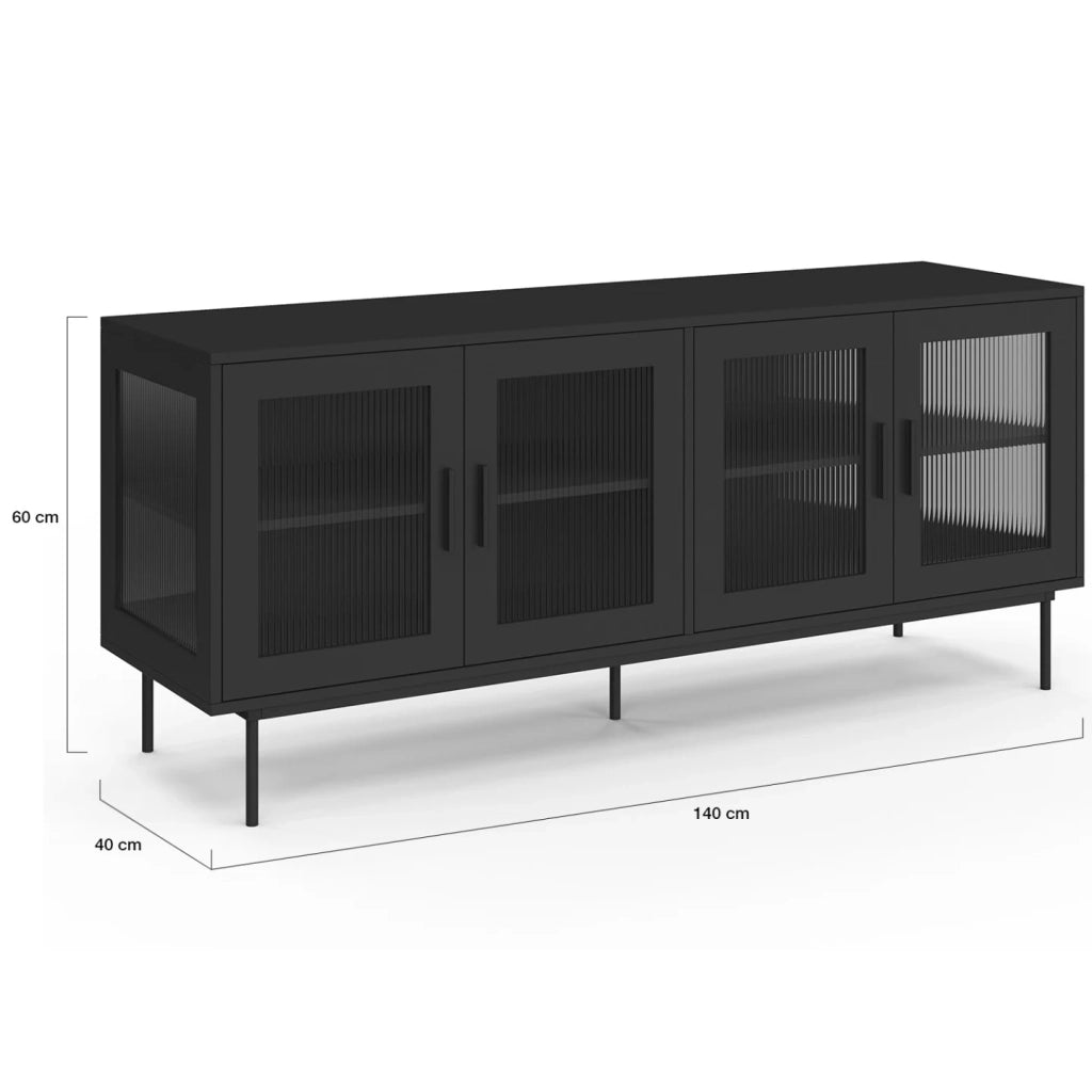 IDMarket - Credenza ZINEB 140 cm, 4 ante in vetro, frontale nero scanalato