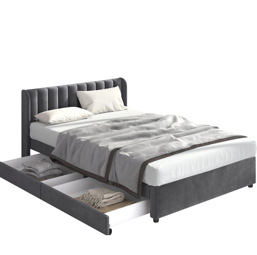 Letto in velluto grigio 180x200 cm con 2 cassetti e rete a doghe