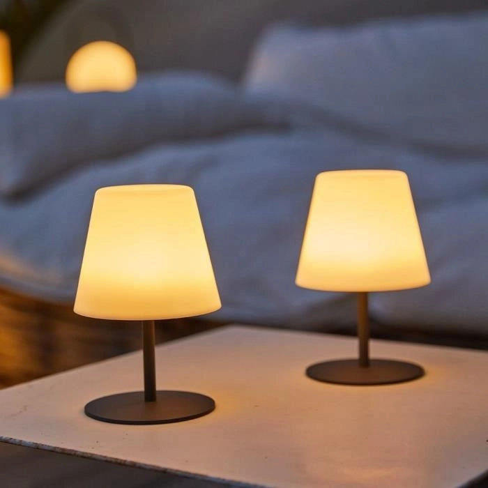 Confezione da 2 lampade da tavolo senza fili - LUMISKY - TWINS - H16 cm - Base in acciaio grigio - Bianco caldo e LED bianco