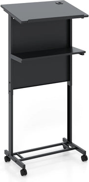 Leggio con rotelle per computer portatile con regolazione in altezza e ripiani, per aule, discorsi, nero, 60 x 39,5 x 122,5/115,5/108,5 cm