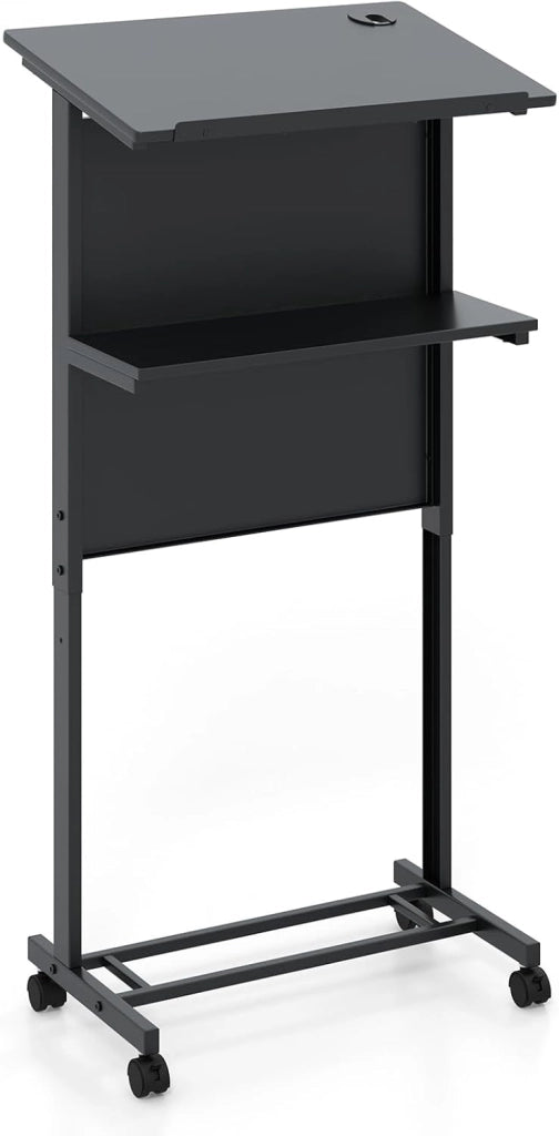 Leggio con rotelle per computer portatile con regolazione in altezza e ripiani, per aule, discorsi, nero, 60 x 39,5 x 122,5/115,5/108,5 cm