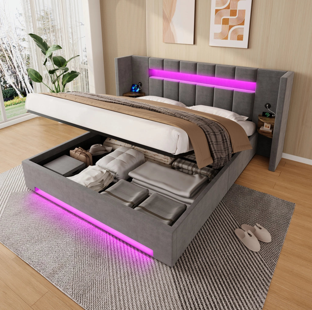 Letto matrimoniale 180x200 cm con contenitore idraulico; USB e LED in velluto grigio scuro