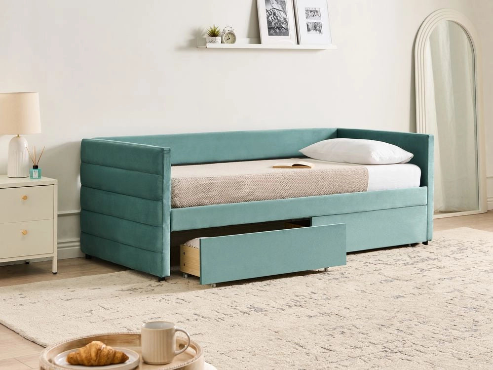 Letto 90 x 200 cm in velluto verde menta elegante e imbottito con cassetti glamour per la camera da letto