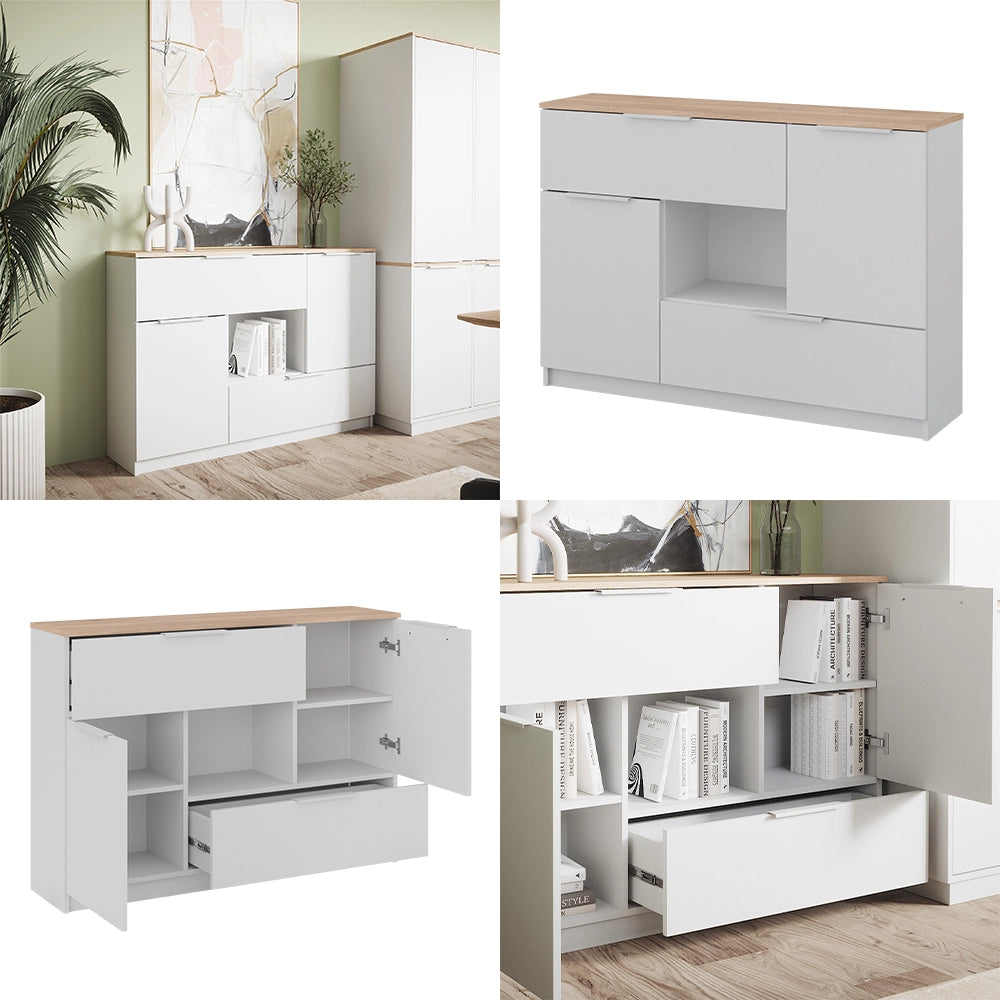 Vicco Cassettiera per camera da letto Bianco/Sonoma 120 x 83.6 cm 2x porta, 2x cassetto e 1x scomparto aperto