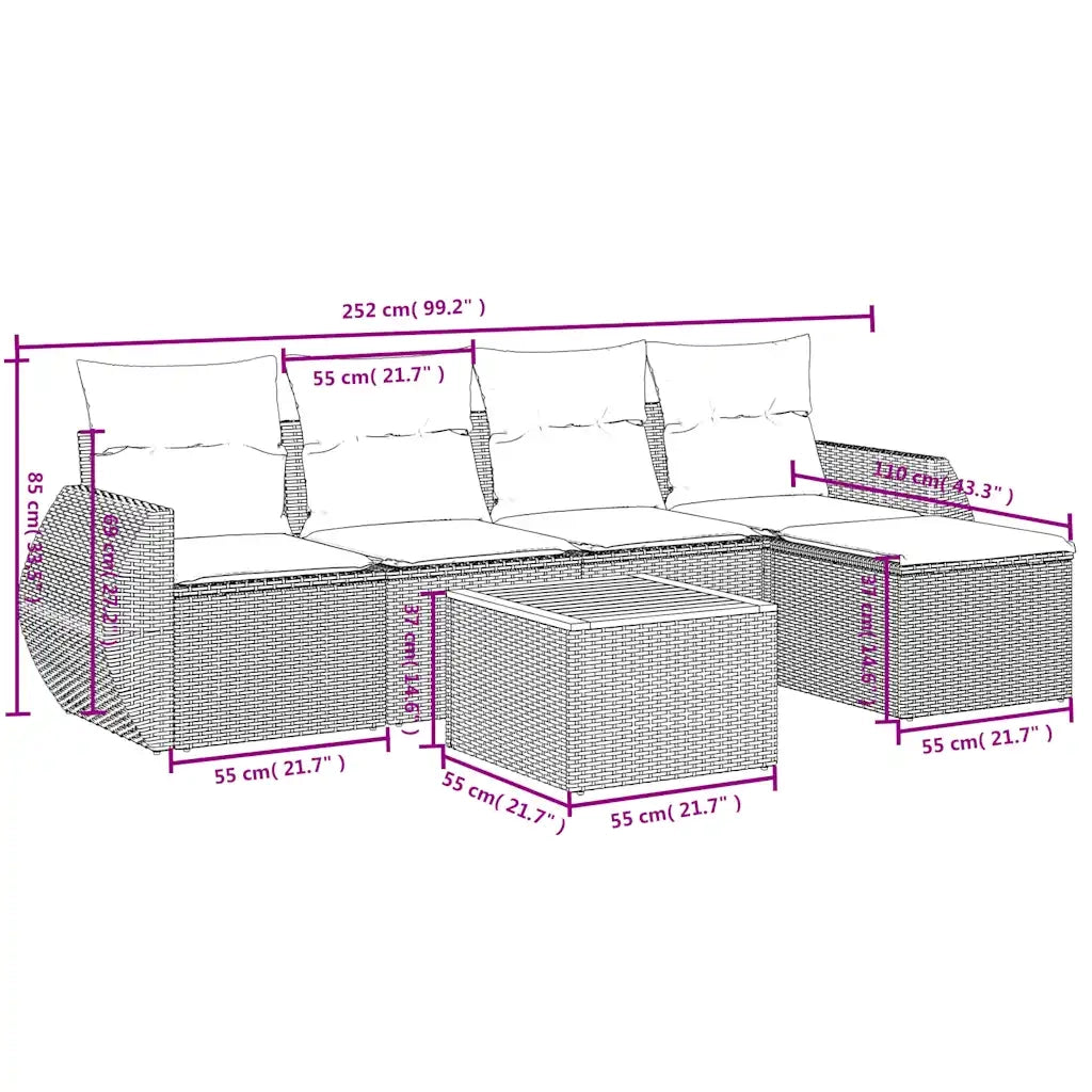 Set Divani da Giardino 6 pz con Cuscini Grigio in Polyrattan 3224983