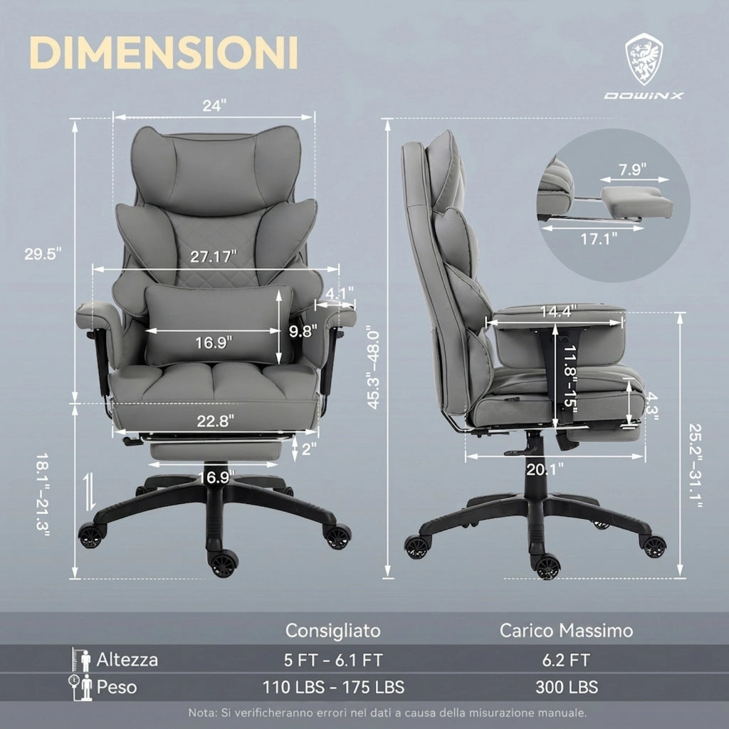 Sedia da Gaming | Schienale a doppio strato rinforzato, supporto lombare regolabile, braccioli e poggiapiedi, rivestimento in similpelle PU, grigio