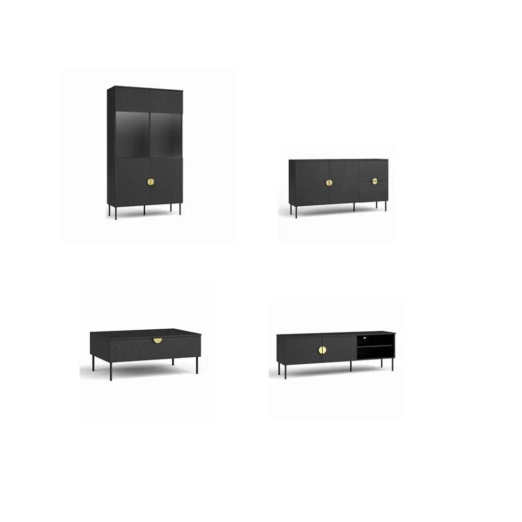 Set mobili soggiorno: Mobile TV, tavolino, credenza, vetrina, nero con maniglie dorate, collezione MONDO