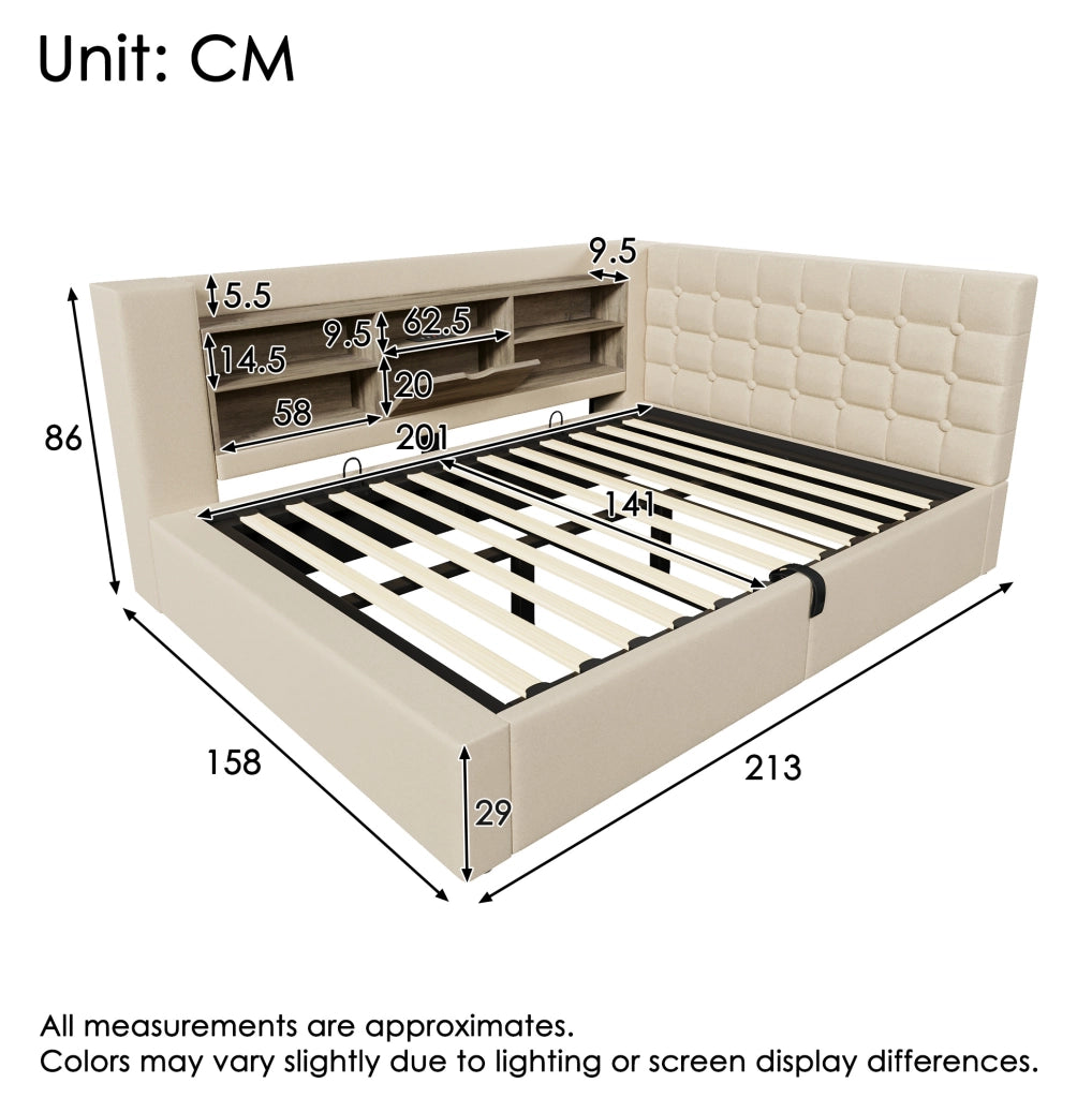 Letto imbottito 140x200 cm beige con LED, USB e materasso H3