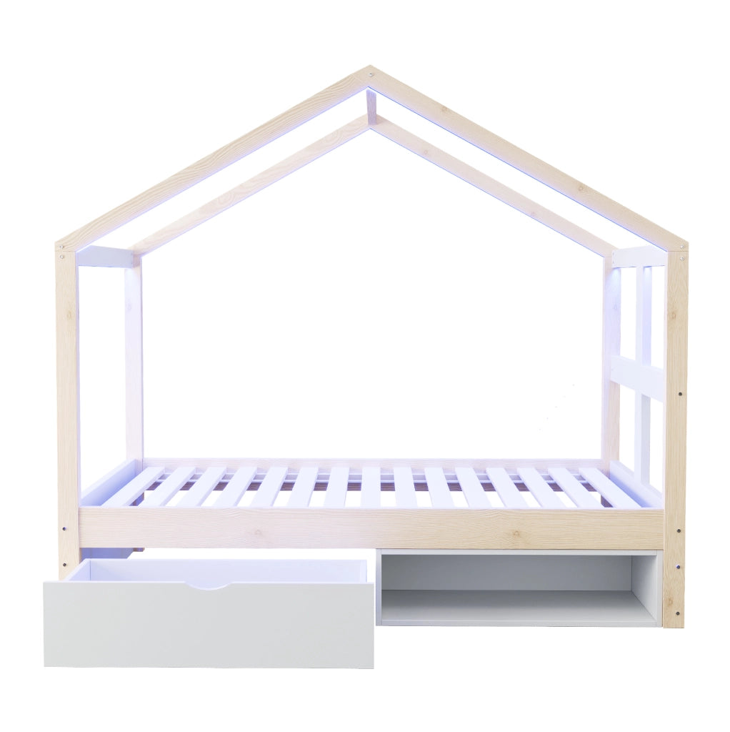 Letto singolo a casetta 90x190 cm in legno naturale con cassetto; scarpiera e LED