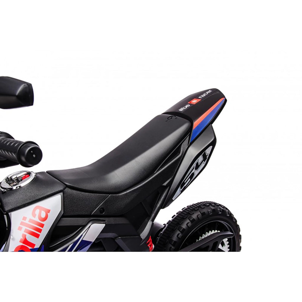 Moto Elettrica per Bambini Aprilia RX-125 Small 12V Cross Sedili In Pelle Luci Led Bluetooth Sospensioni a Molla Blu