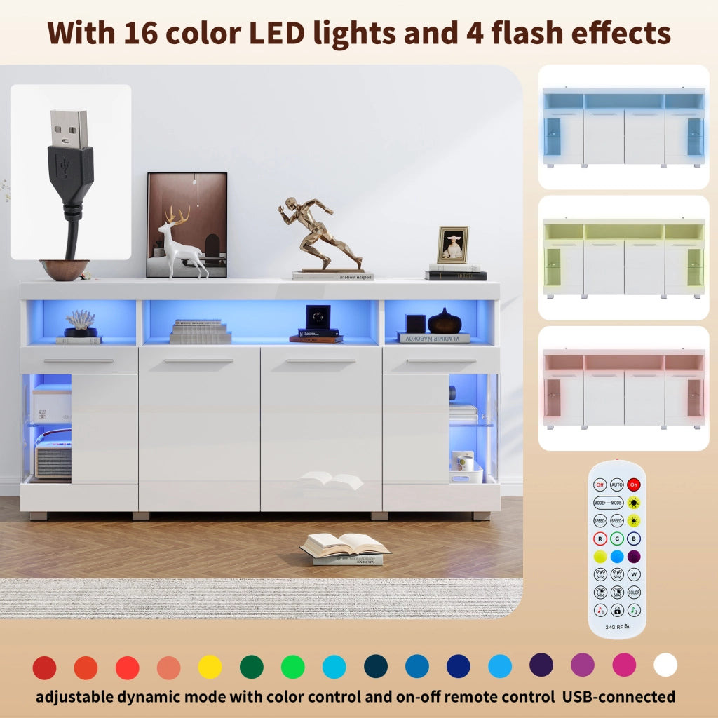 Credenza e madia con LED e ante in vetro temperato, 3 cassetti e 6 vani, per soggiorno, bianco, 140 × 40 × 70 cm