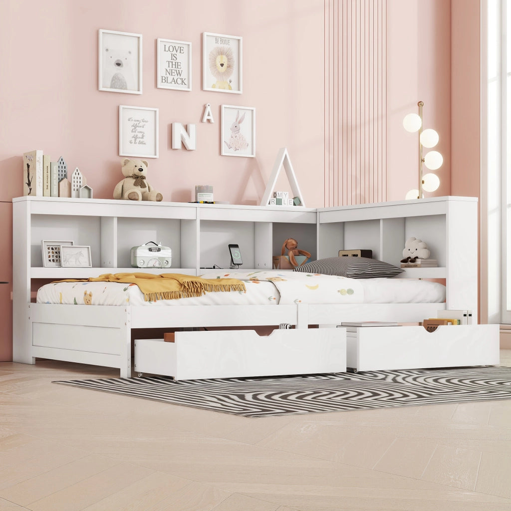 LETTO 90x200 cm con 2 cassetti, prese e 2 porte USB, Bianco