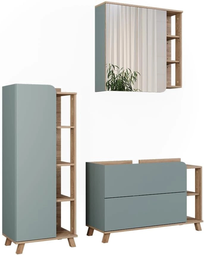 Set di mobili da bagno Karen, Sonoma/Bianco, 100 cm, composto da mobile sottolavabo, specchiera e mobile medio